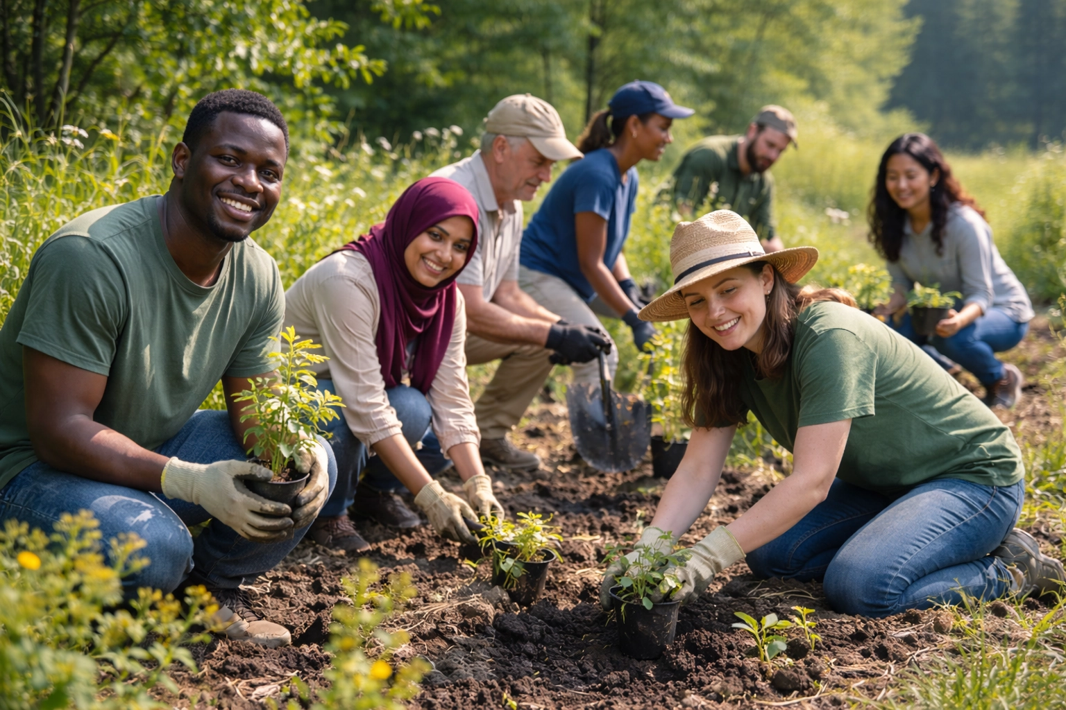 Volunteers and refugees working together during a community conservation event in a natural landscape