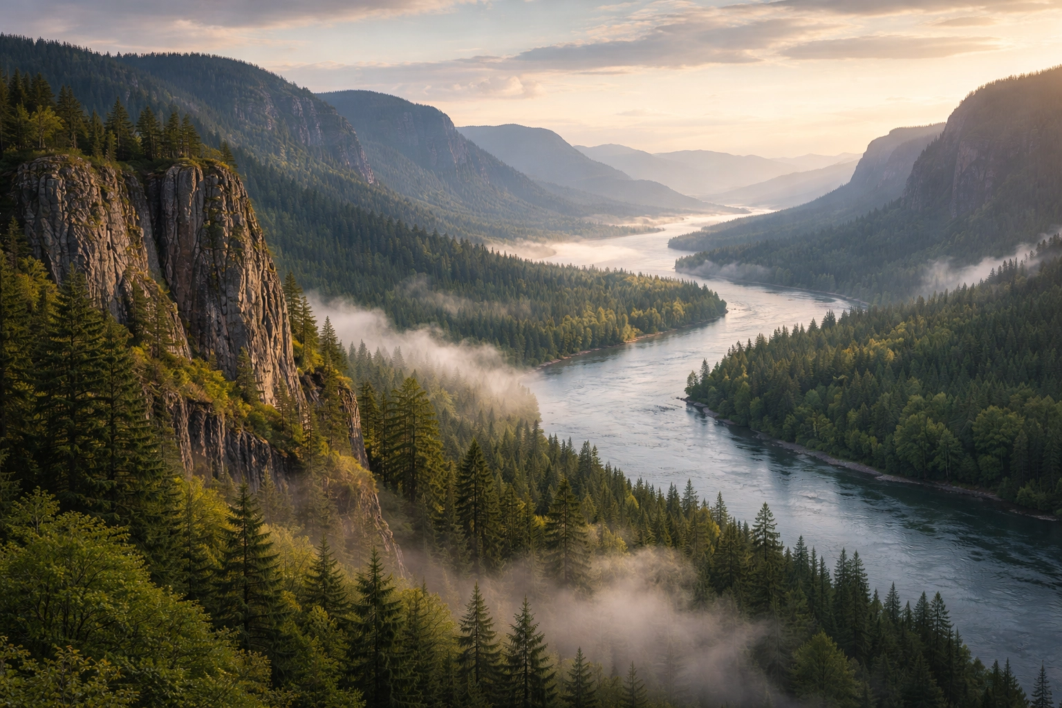 Wide view of the Columbia Gorge landscape with forested cliffs and a river below